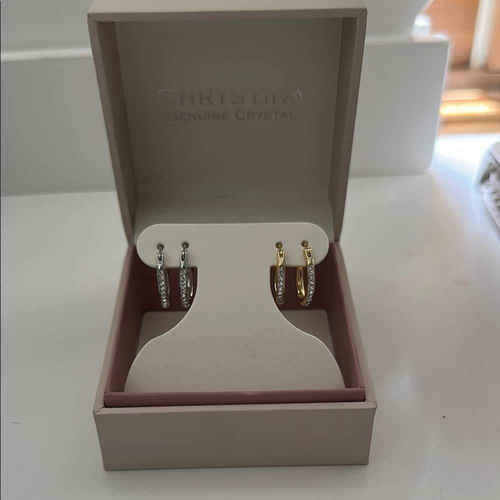 Genuine Crystal Silver and Gold Hoop Earrings Set
